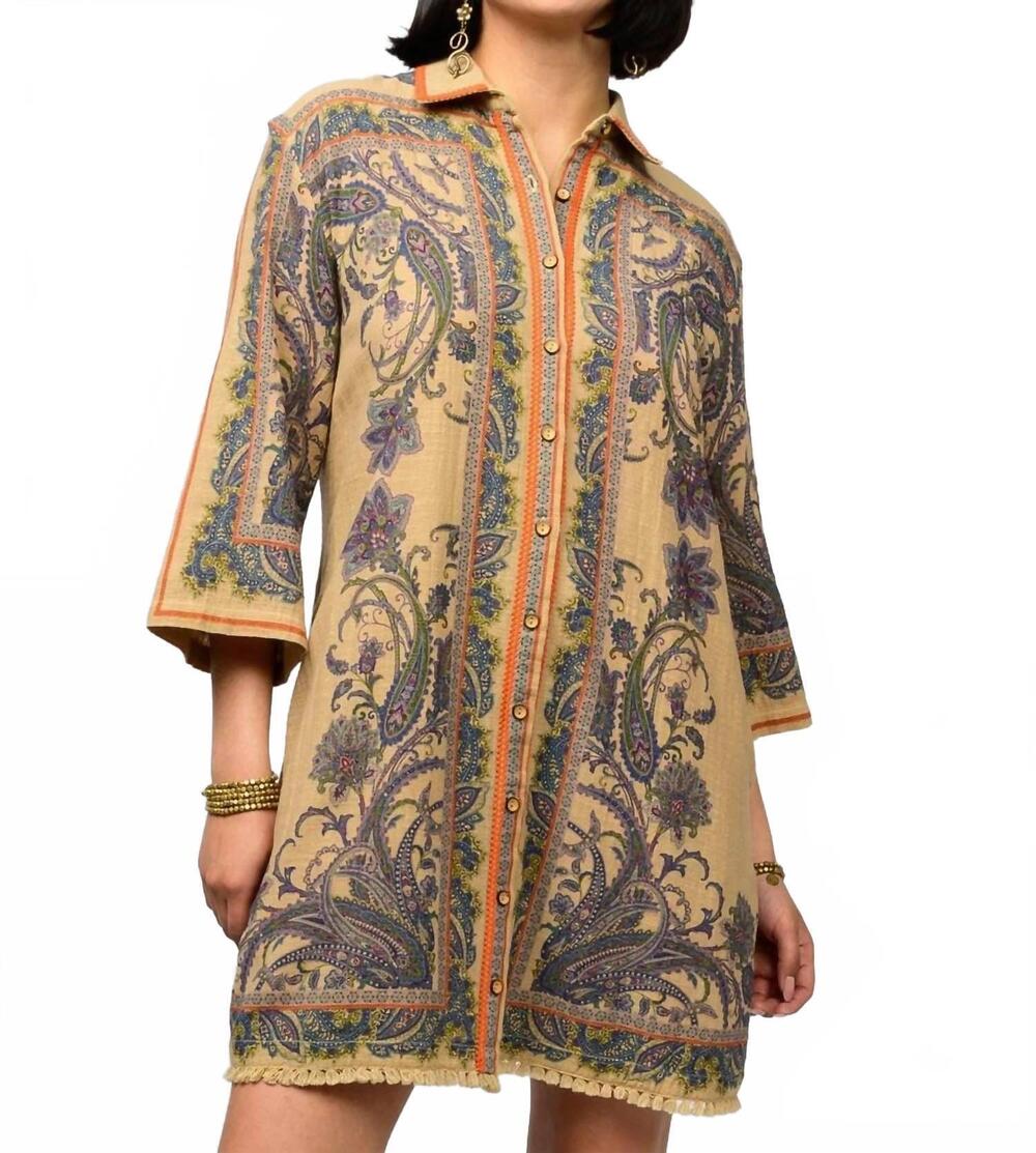 NEW IVY JANE paisley border shirtdress in tan